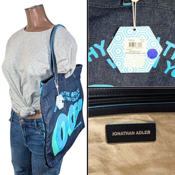 Jonathan Adler NWT Denim Caribbean Why Be In The Office Ocean Printed Tote Bag - Picture 10 of 10